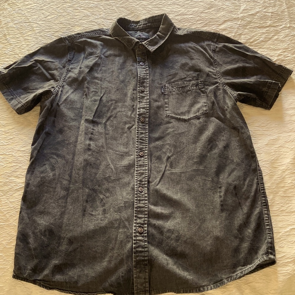 Rip Curl charcoal gray button front palm tree print shirt Sz L